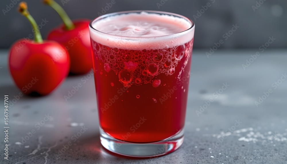 custom made wallpaper toronto digitala glass filled with a red, bubbly drink sits on a gray textured surface. above the liquid, there is a foamy layer with many tiny bubbles