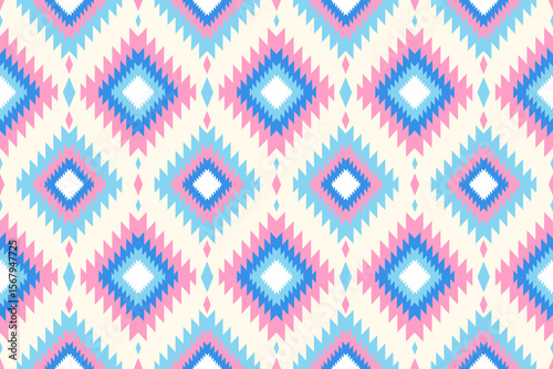 Geometric diamond pattern with pink blue and white zig zag elements geometric ethnic pattern