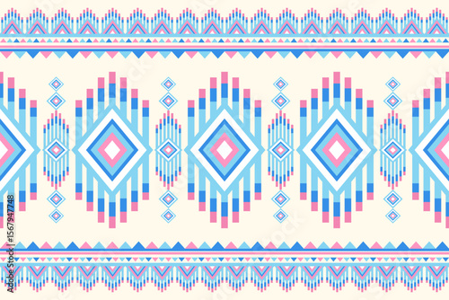 Geometric tribal pattern with diamond and zigzag motifs in blue and pink hues