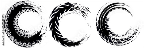 Auto tire tread grunge circle frames set. Car and motorcycle tire pattern, wheel tyre tread track. Black tyre round border. Vector illustration isolated on white background.