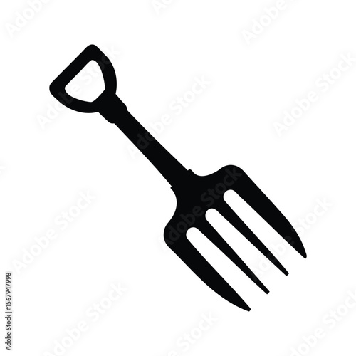 Simple black and white silhouette of a spading fork for gardening