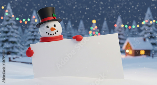 Frosty snowman presents empty banner amidst festive winter wonderland scene at night