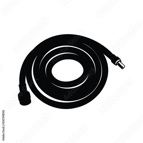 Detailed silhouette of a garden hose neatly coiled on a white background