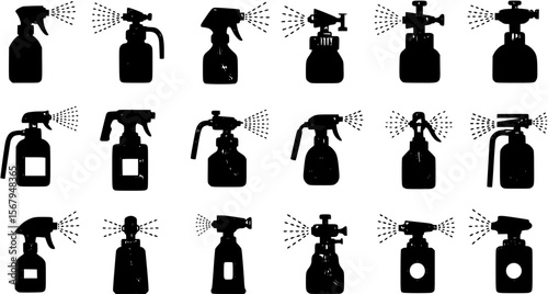 Spray vector icon. Spray icons set of water or air sprayer nozzle for paint aerosol or deodorant spray
