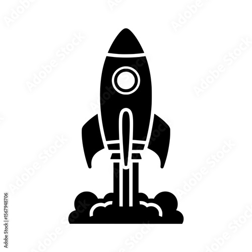 Simple black vector icon illustration of a rocket launching into space, complete with engine smoke. 