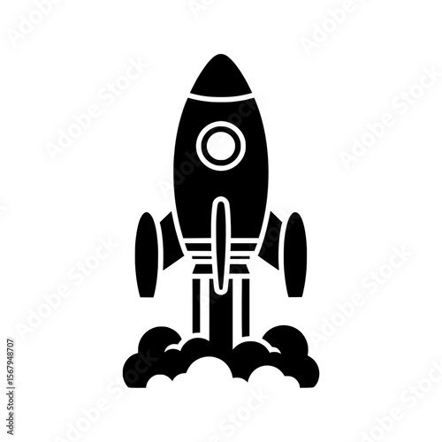 Simple black vector icon illustration of a rocket launching into space, complete with engine smoke. 