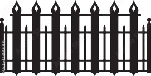 ornate private property gate silhouette with iron fence and overgrown foliage, black vector illustration for security or real estate themes