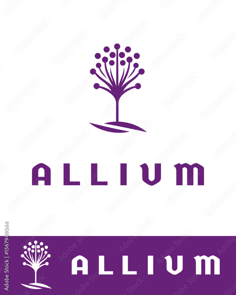Obraz premium Elegant allium flower logo design in purple with stylized circular buds and curved stems