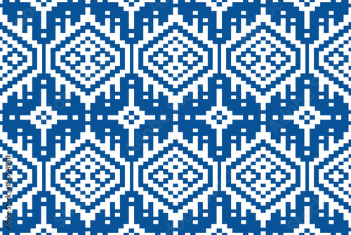 Geometric pixel art pattern featuring interlocking diamond shapes in blue and white
