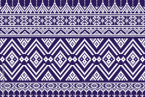 Geometric woven pattern with repeating rows of diamonds zigzags and decorative elements on a dark blue background