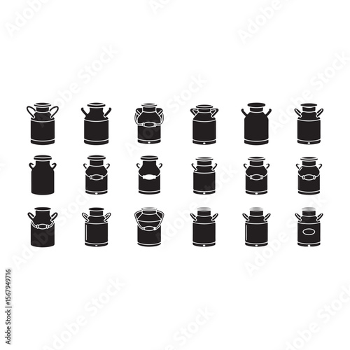 Milk can Icon set in black filled and line.on white background