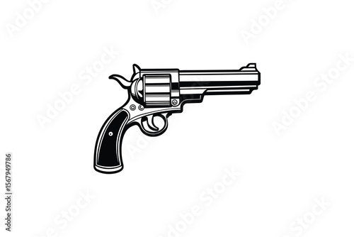 Detailed Revolver Illustration in Black and White Silhouette