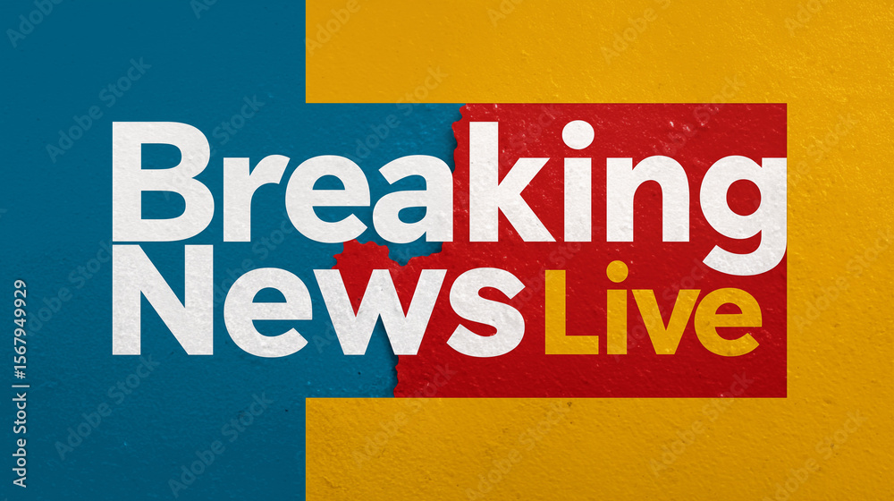 Fototapeta premium Live breaking news banner with bold yellow text on a rectangle with a red yellow and blue surface, isolated on a clean white background.