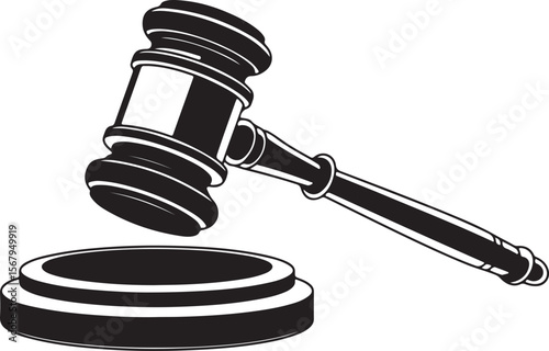 judge's gavel and sound block silhouette, black and white legal symbol of justice, law, and courtroom authority