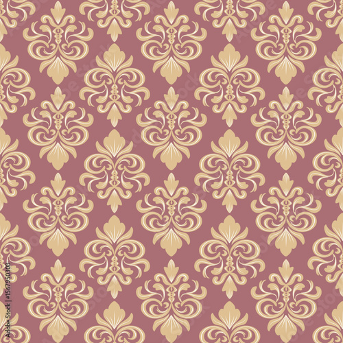 Damask seamless pattern with brown floral pattern and red background, vintage design, vector illustration elegant for textile, wall paper, bedding, rug. curtains, upholstery fabric, cushion cover