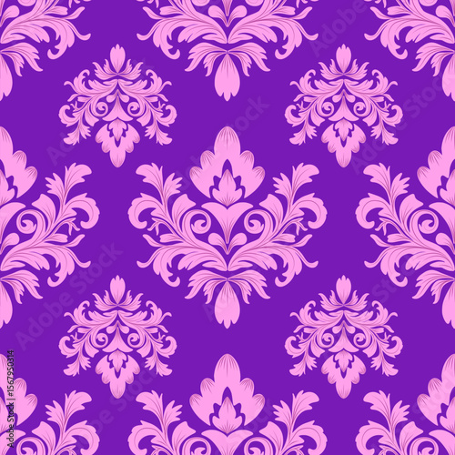 Damask seamless pink floral pattern and purple background, vintage and luxury, vector illustration elegant for textile, wall paper, bedding, curtains, cushion cover, rug, scarf, upholstery fabric