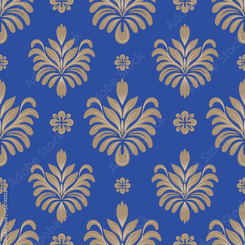 Damask seamless pattern with brown flowers and blue background, vintage style, vector illustration elegant for textile, wall paper, curtains, cushion cover, rug, bedding, upholstery fabric, scarf