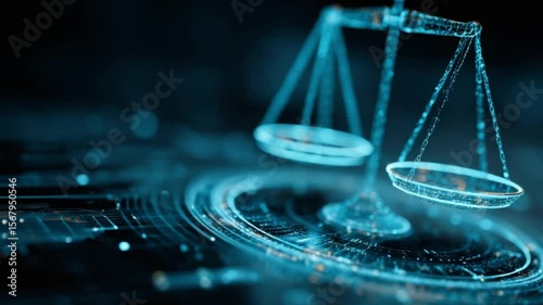 Digital scales of justice.  Abstract, glowing, turquoise-toned image of digital scales of justice with intricate network of lines and circles, suggesting technology and balance