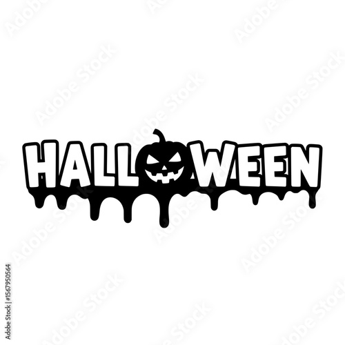 Black  vector illustration featuring "HALLOWEEN" text with a spooky jack-o'-lantern pumpkin replacing the letter "O" and a dripping ink effect at the bottom. 
