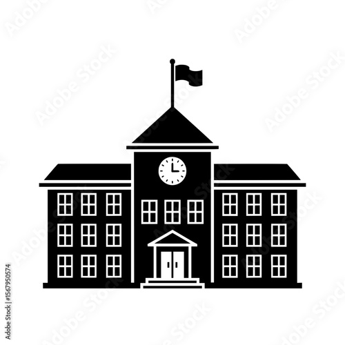 Minimalist black vector illustration of a traditional school or university building featuring a clock tower and a flag. 