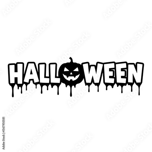 Black  vector illustration featuring "HALLOWEEN" text with a spooky jack-o'-lantern pumpkin replacing the letter "O" and a dripping ink effect at the bottom. 