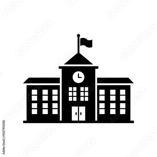 Minimalist black vector illustration of a traditional school or university building featuring a clock tower and a flag. 