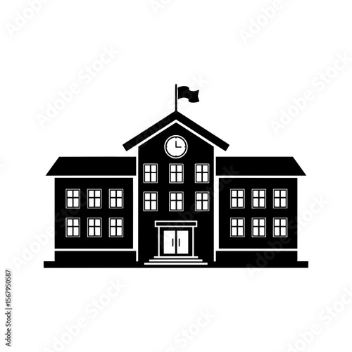 Minimalist black vector illustration of a traditional school or university building featuring a clock tower and a flag. 