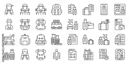 Backpacking Travel Essentials set of web icons in line style. backpacking, travel essentials, backpacking gear, packing list and backpacking checklist. Vector illustration