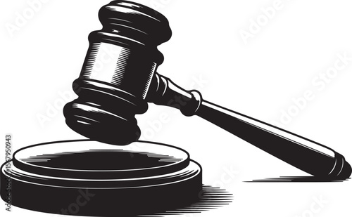 judge's gavel and sound block silhouette, black and white legal symbol of justice, law, and courtroom authority