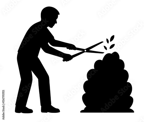 Silhouette of man trimming bush with garden shears, gardening, plant care, landscaping, seasonal yard work, home gardening activities, horticulture