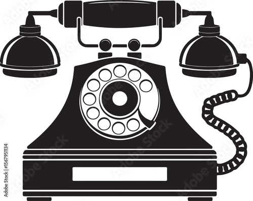 vintage rotary dial telephone vector, classic black silhouette of antique landline phone with coiled cord and dual bell design