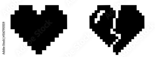 Pixel art of black heart and broken heart, heartbreak in retro 8-bit style, video games