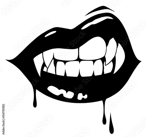 vampire mouth with sharp fangs and dripping fluid, bloodlust, gothic horror, supernatural predators, and erotic danger, vampirism