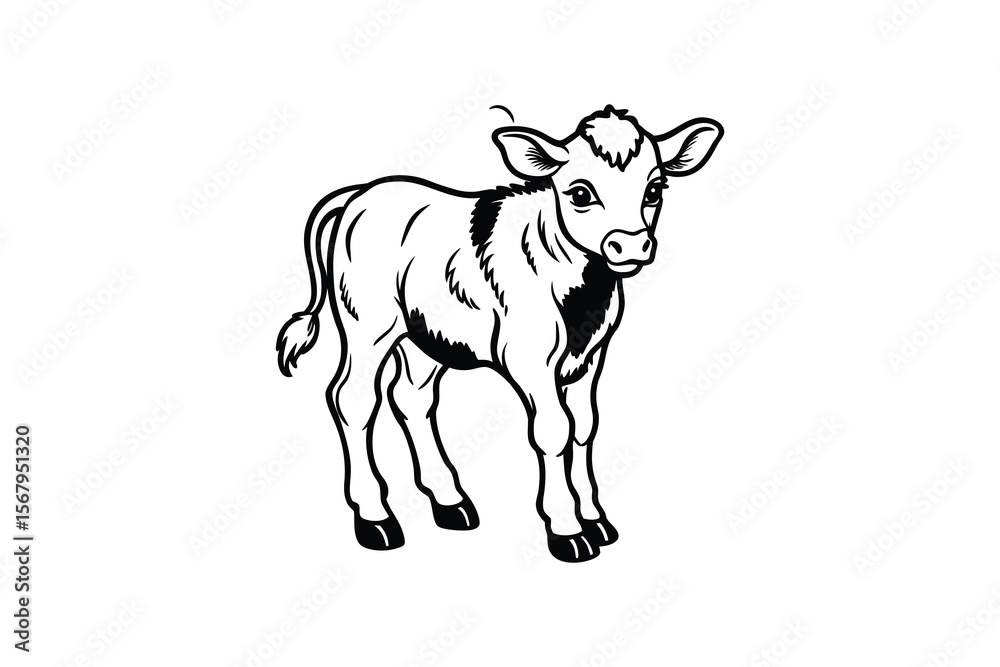 Fototapeta premium Cute Calf Standing Isolated on White Background in Silhouette
