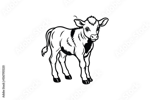 Cute Calf Standing Isolated on White Background in Silhouette