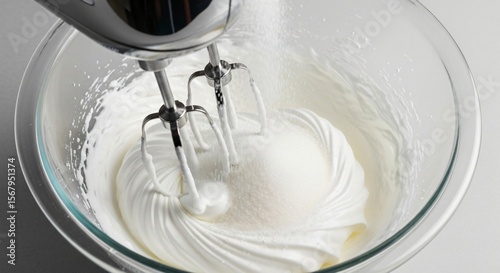 Bowl of Egg Whites Being Whipped Into Meringue While Caster Sugar is Gradually Added