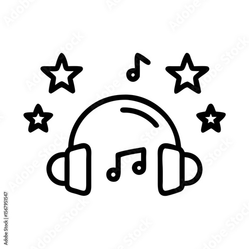 Outline Icon of Headphones with Music Notes and Stars Symbolizing Audio Enjoyment