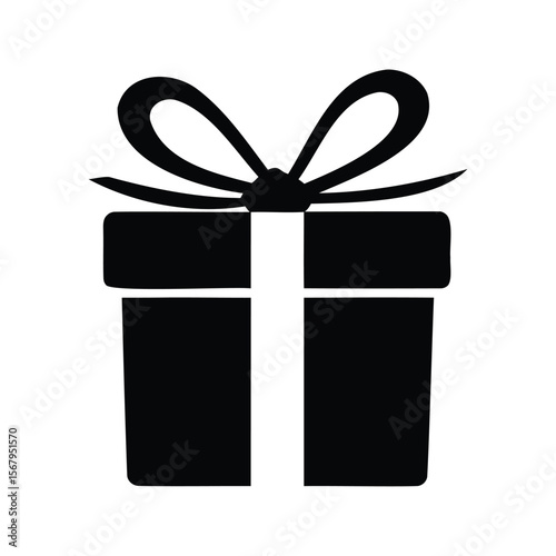 Black and white graphic of a gift box with a bow