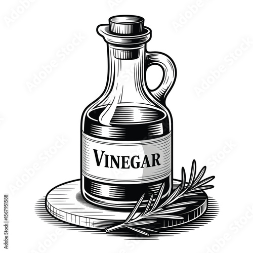 Vinegar Bottle Illustration with Rosemary, Black and White Vintage Style

