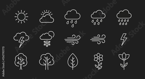 A collection of minimalist weather and nature icons.