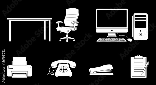 Office equipment icons arranged on a black background: desk, chair, computer, printer, phone, stapler, and clipboard.