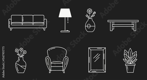 Simple line art icons depicting home furniture and decor, including a sofa, armchair, table, lamp, vases with flowers, and a mirror.