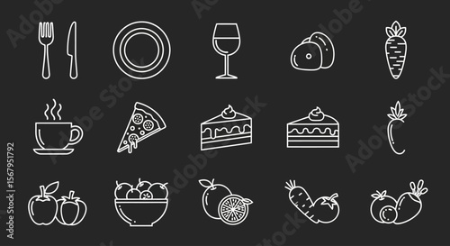 Outlined food and drink icons arranged on a dark background, showcasing various culinary items.