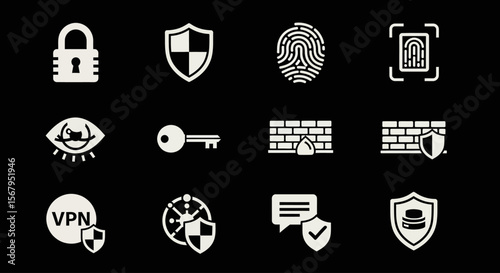 Collection of white security icons displayed on a black background, representing protection and safety.