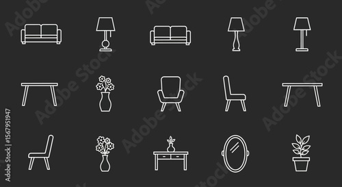 Line art illustration of furniture and decor elements including sofas, lamps, tables, chairs, vases, a mirror, and a potted plant.