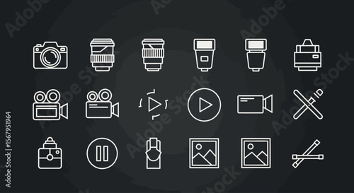 Collection of simple line icons representing photography and videography equipment.