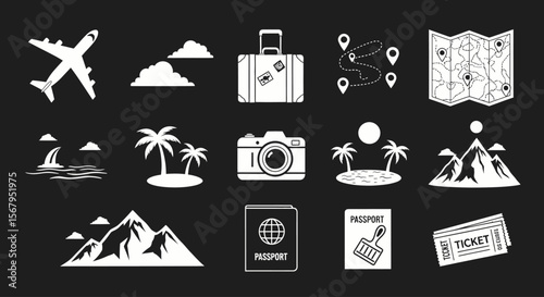 Collection of white travel icons on a dark background, showcasing various travel-related elements.