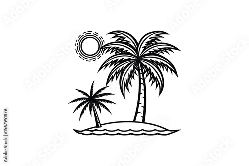 Tropical Island with Palm Trees and Sun Silhouette