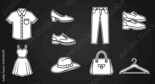 A collection of minimalist clothing and accessory icons, depicted in white line art on a dark background.
