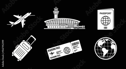 Black and white icons depicting travel elements including an airplane, airport, passport, luggage, ticket, and globe.